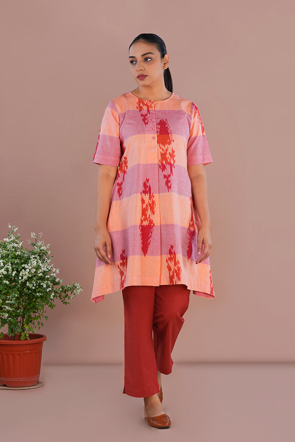 Image of Peach Red Pochampally Ikat Short Kurta