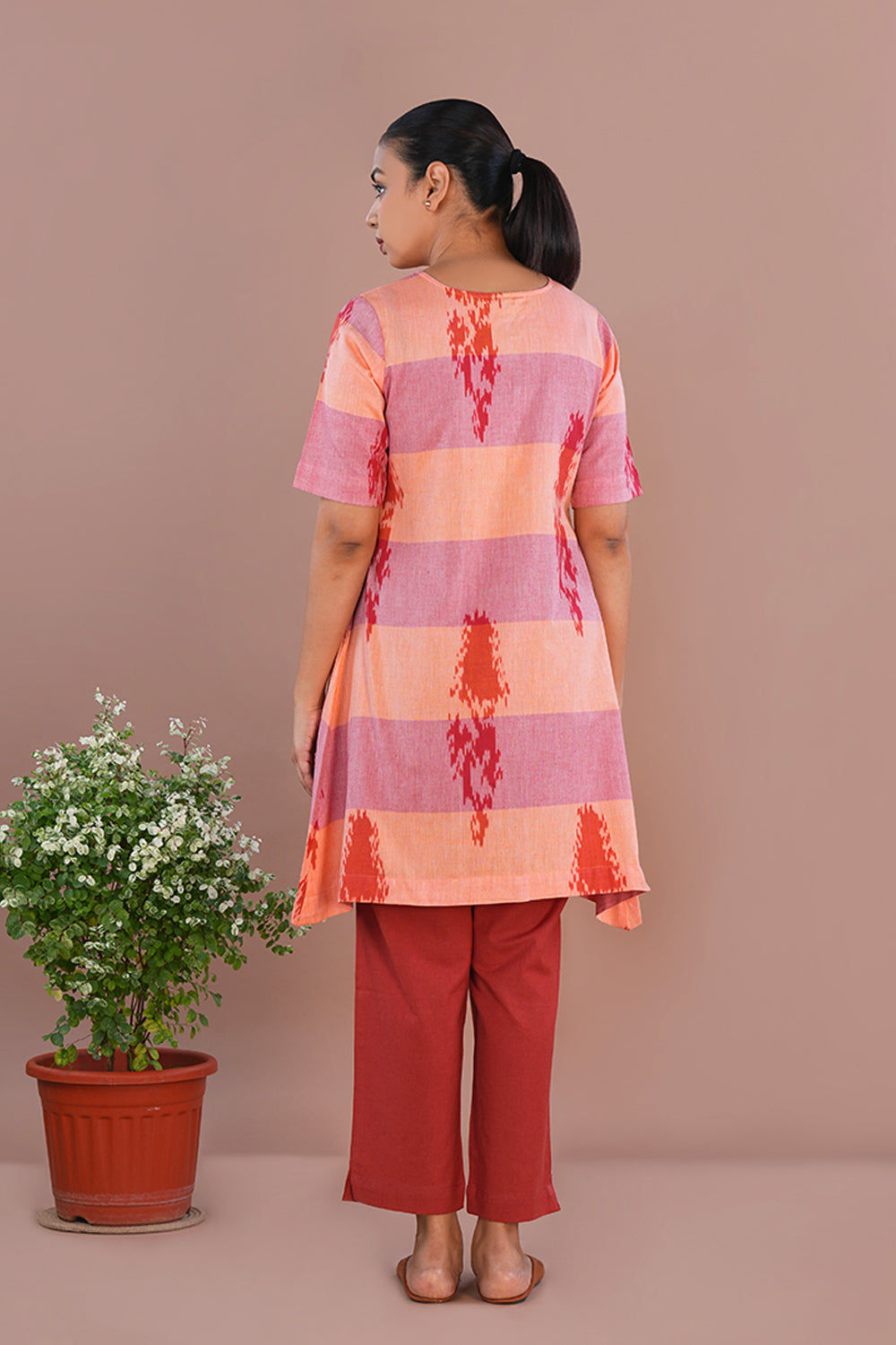 Image of Peach Red Pochampally Ikat Short Kurta