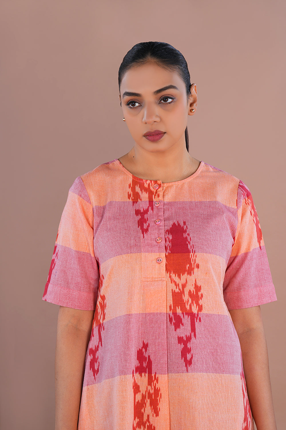 Image of Peach Red Pochampally Ikat Short Kurta