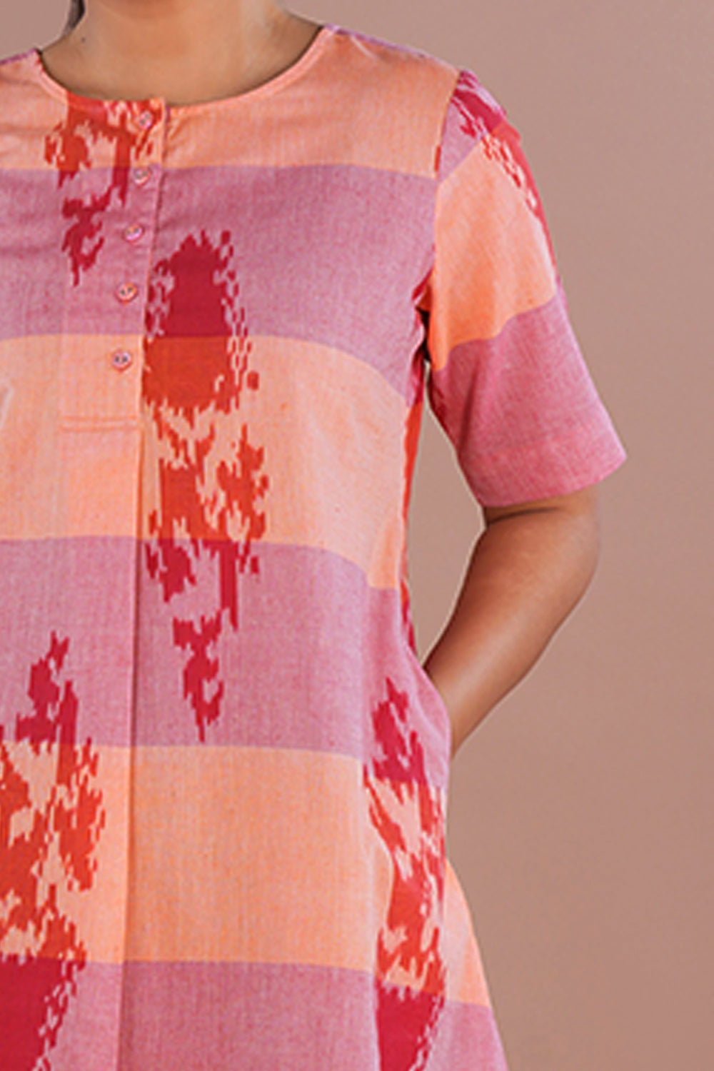 Image of Peach Red Pochampally Ikat Short Kurta