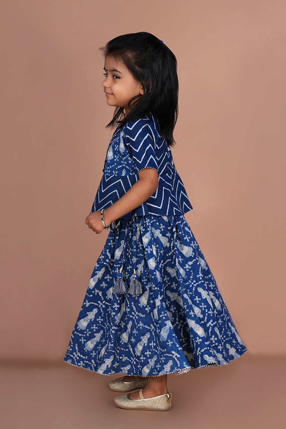 Indigo blue Daboo printed girls ethnic skirt and top set