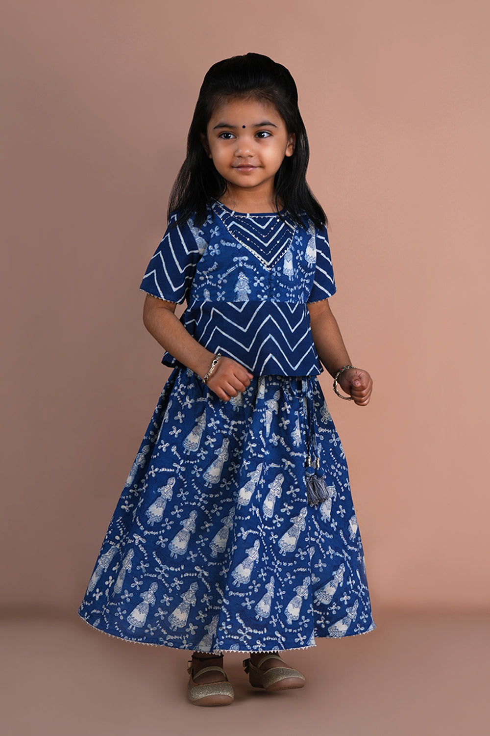 Image of Indigo blue Daboo printed girls ethnic skirt and top set