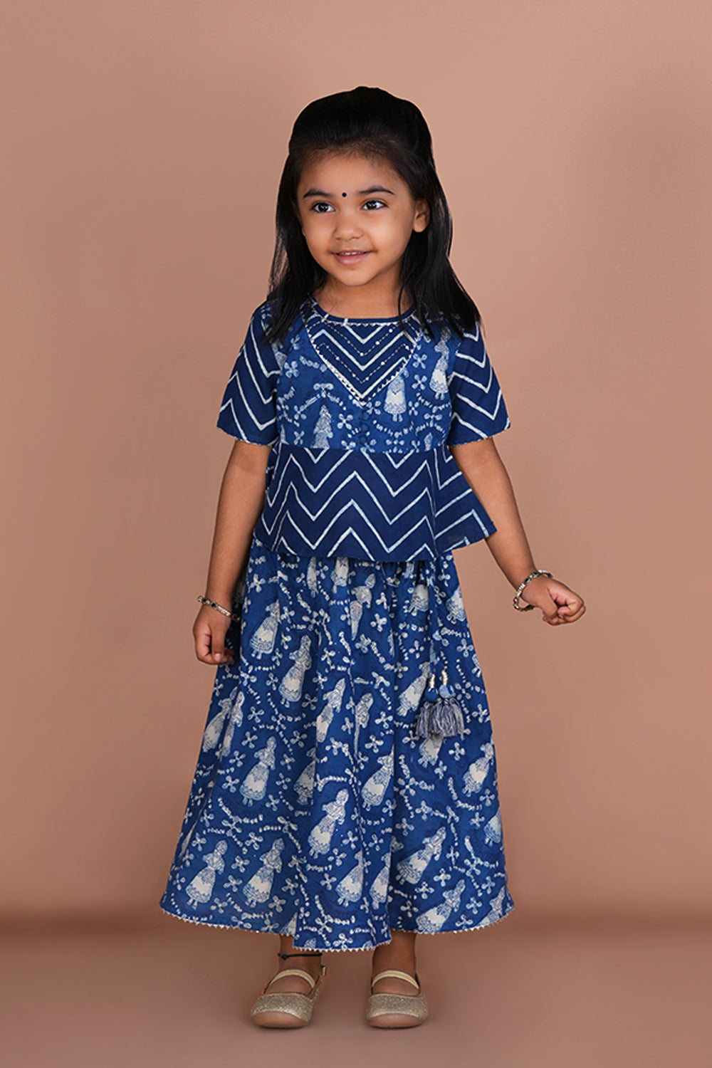 Image of Indigo blue Daboo printed girls ethnic skirt and top set
