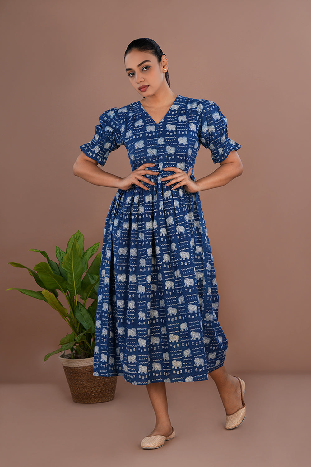 Image of Indigo blue elephant Bagru dress