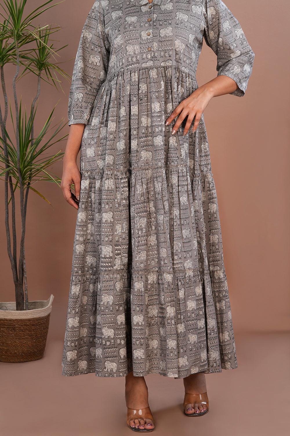 Image of Grey Bagru long tiered dress