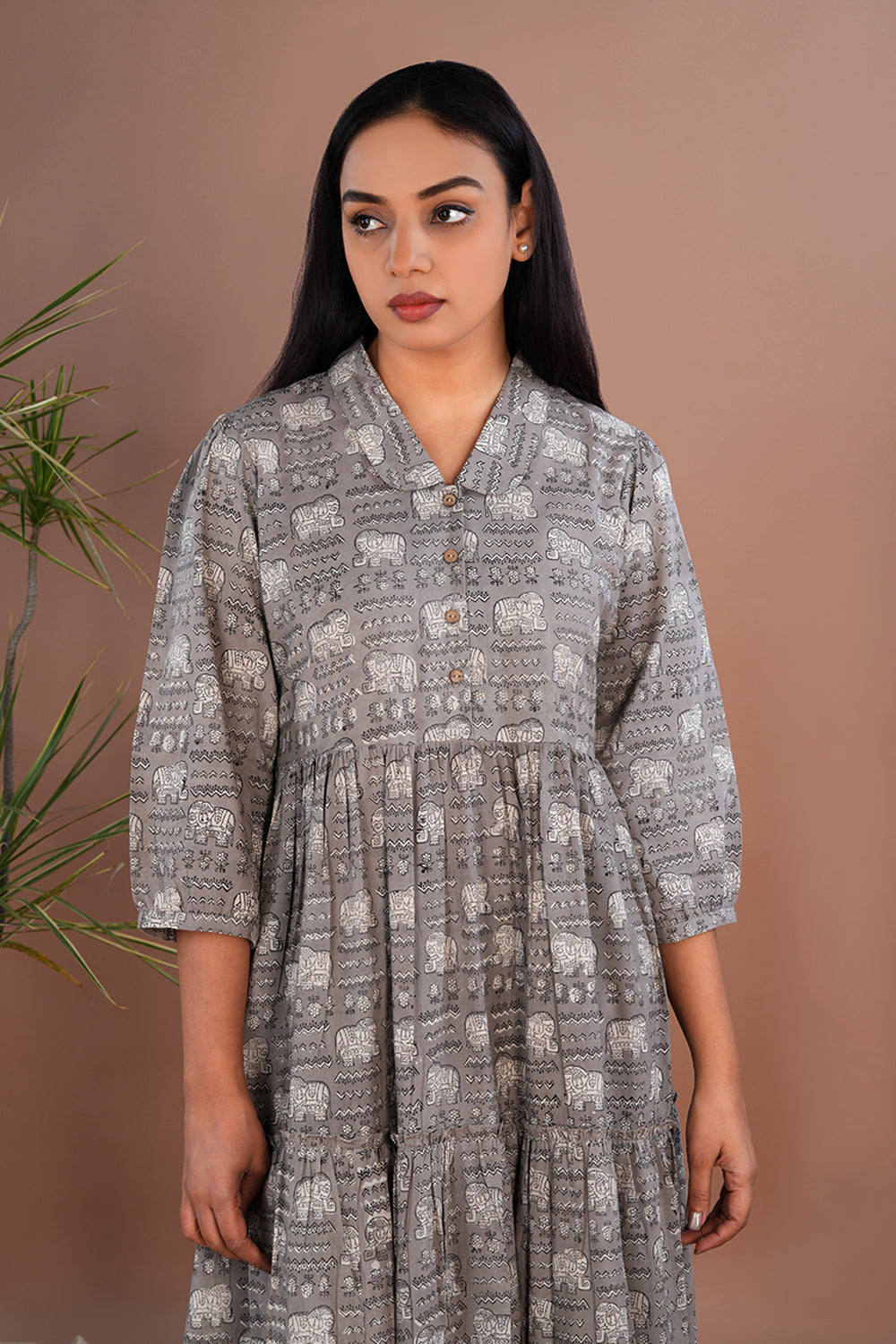 Image of Grey Bagru long tiered dress