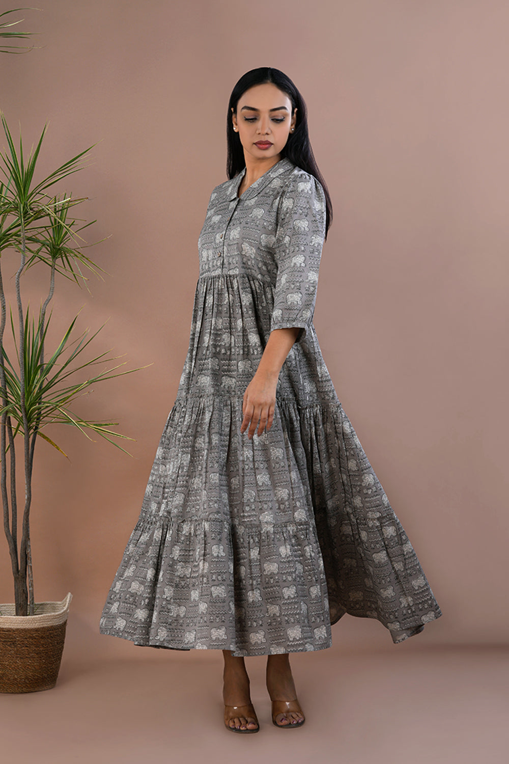 Image of Grey Bagru long tiered dress