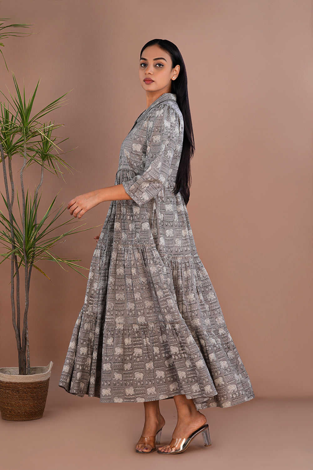 Image of Grey Bagru long tiered dress