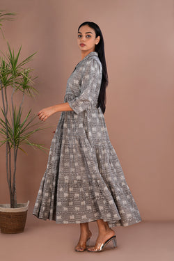 Image of Grey Bagru long tiered dress