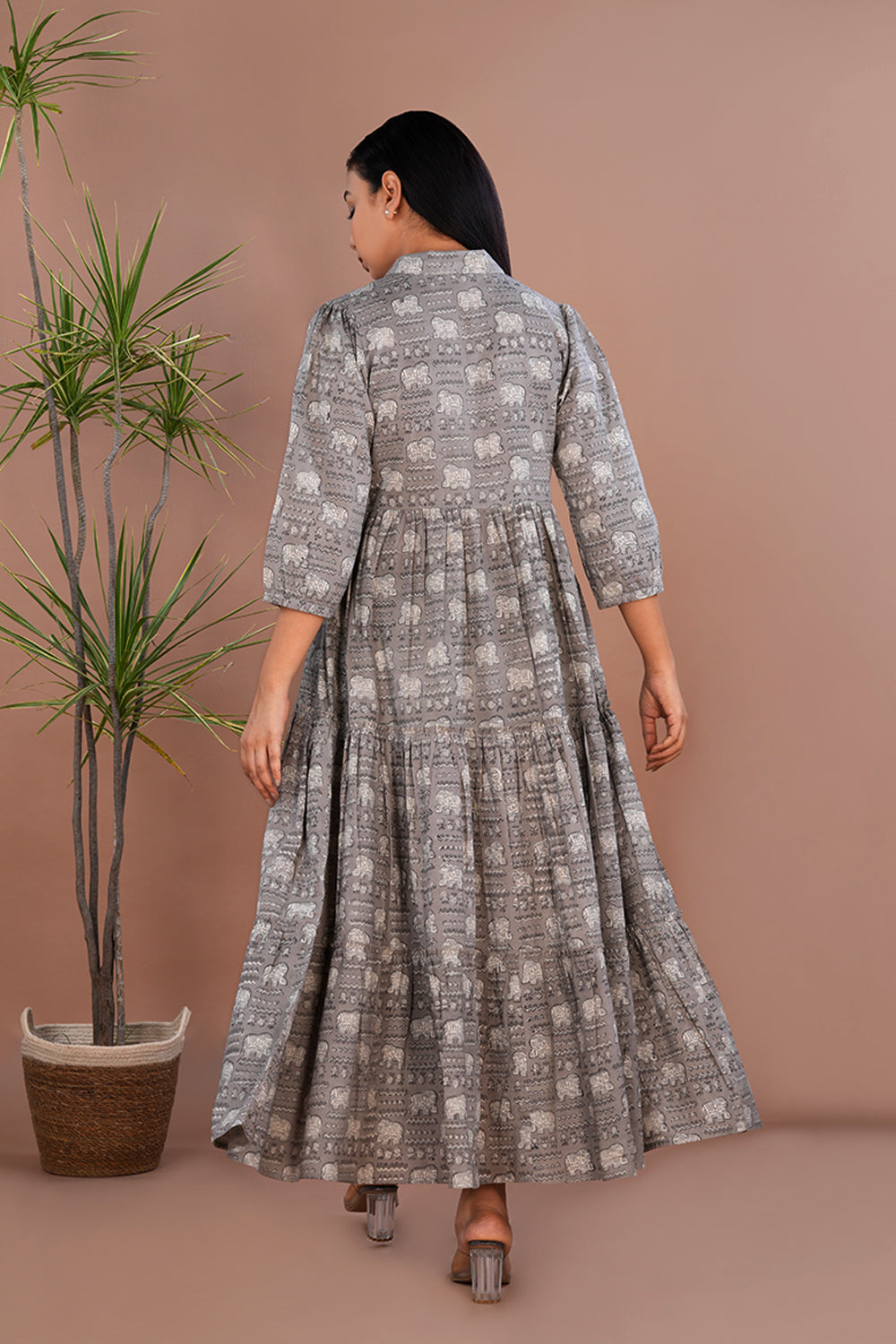 Grey Bagru long tiered dress