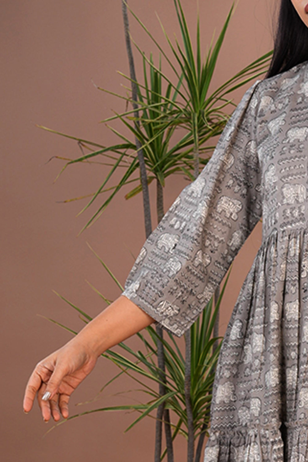 Image of Grey Bagru long tiered dress