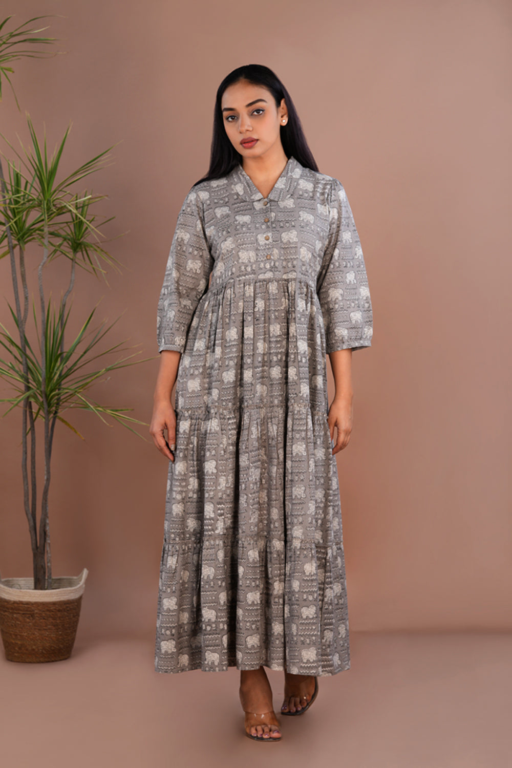 Image of Grey Bagru long tiered dress