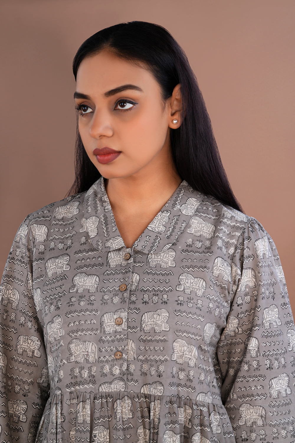 Image of Grey Bagru long tiered dress