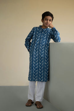Image of Indigo Bagru Boys Kurta & Pyjama set.