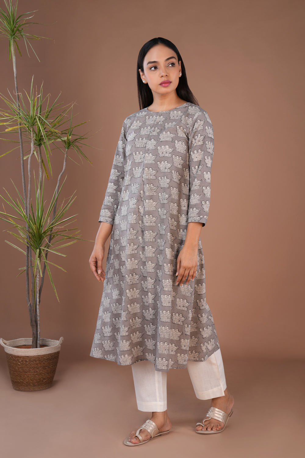 Image of Grey Bagru long Kurta