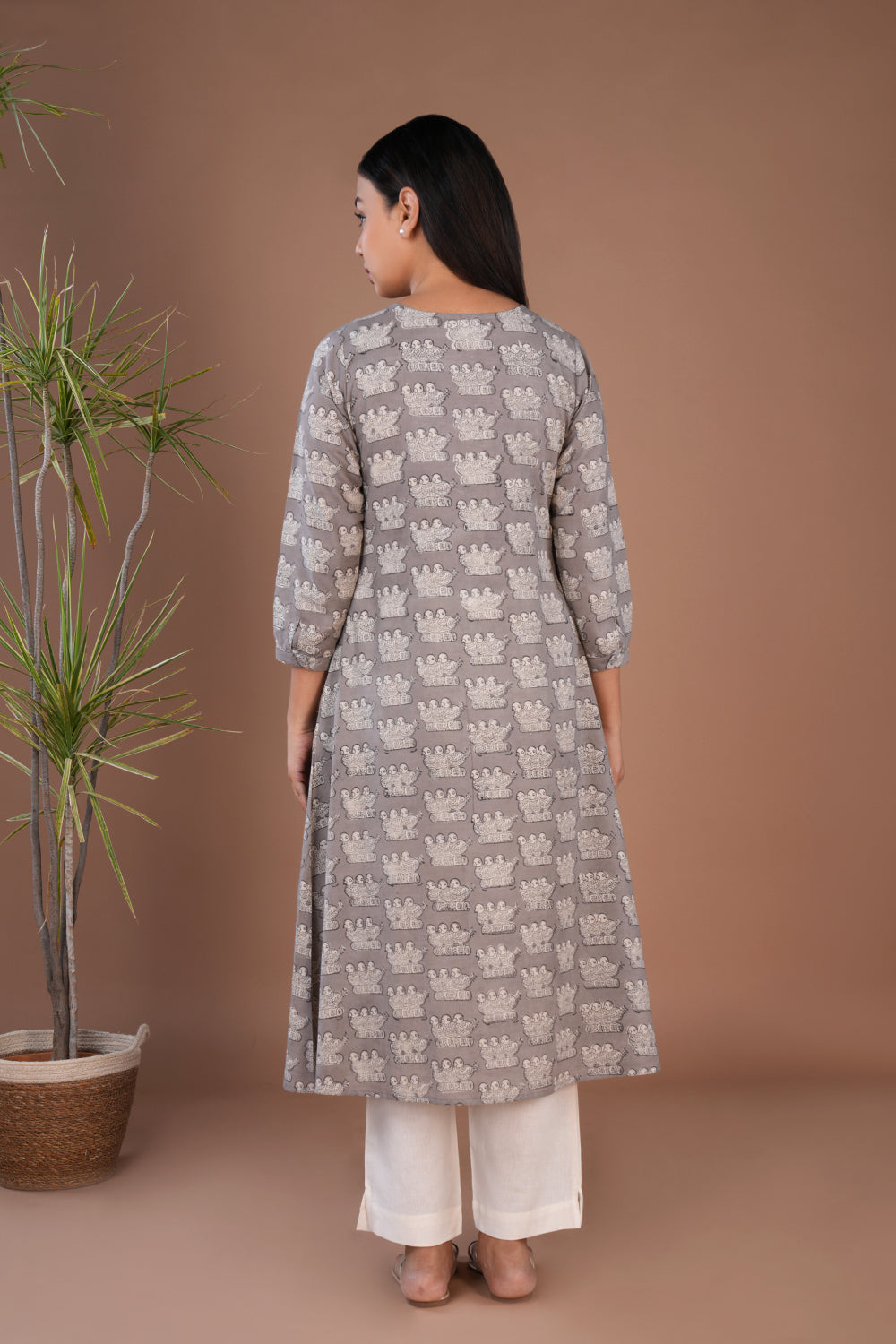 Image of Grey Bagru long Kurta