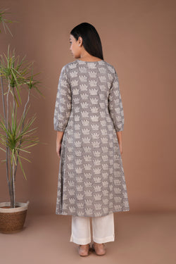 Image of Grey Bagru long Kurta