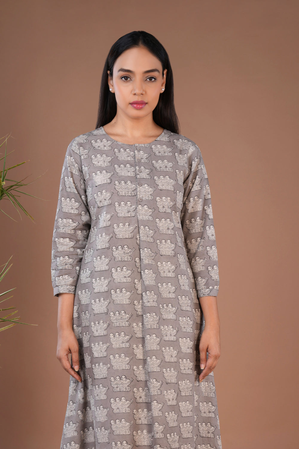 Image of Grey Bagru long Kurta