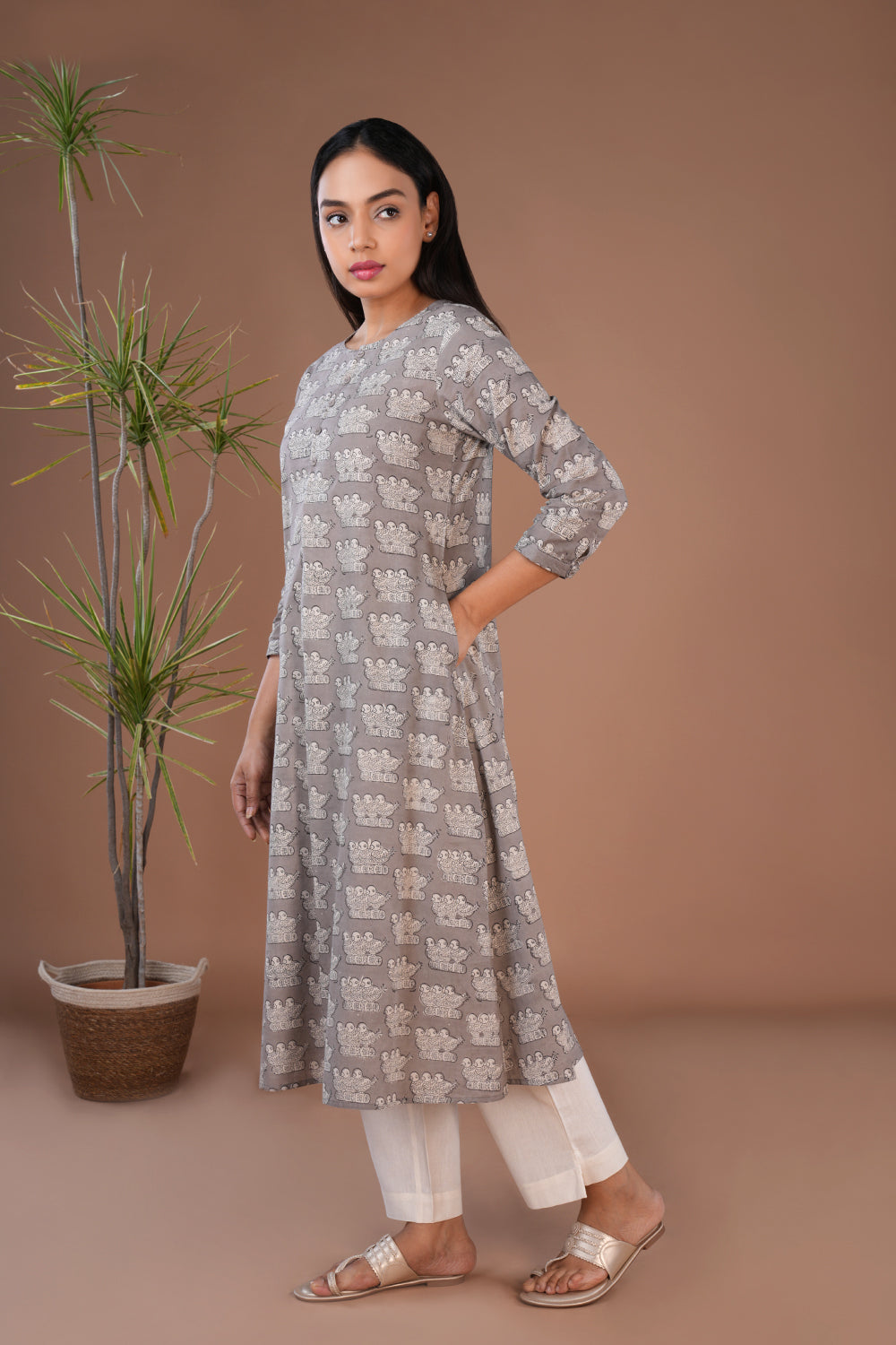 Image of Grey Bagru long Kurta