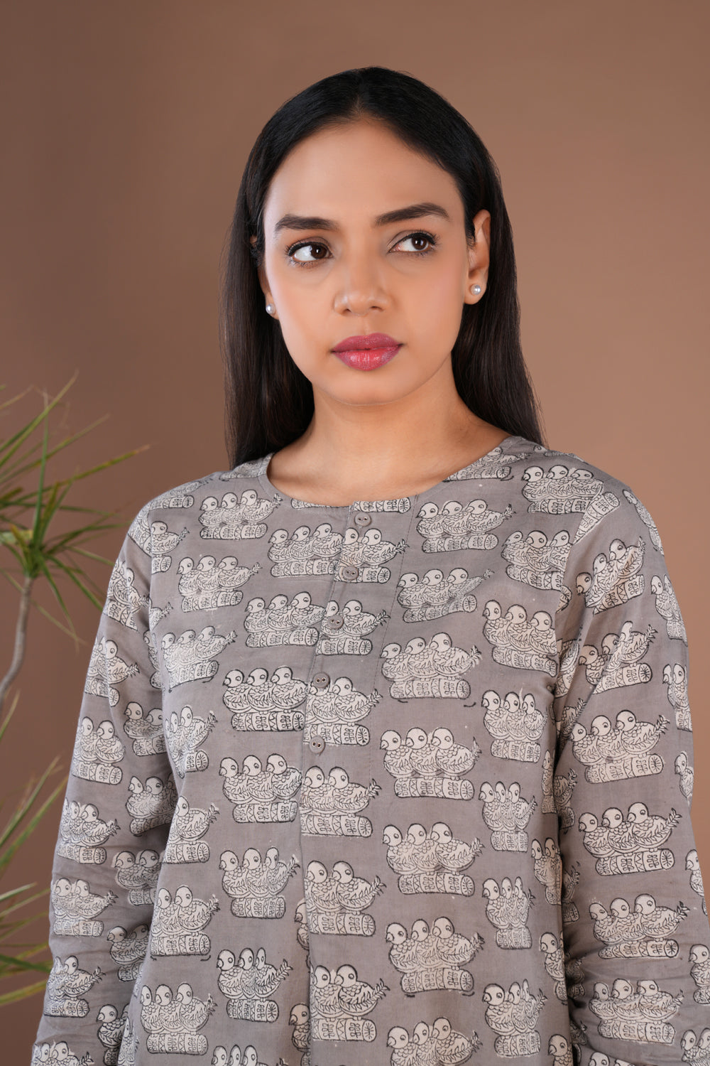 Image of Grey Bagru long Kurta