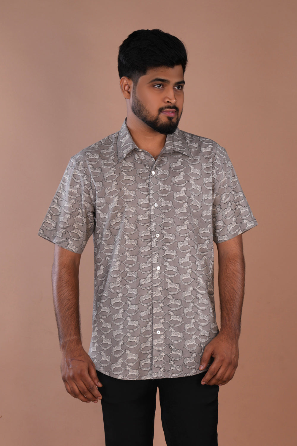 Image of Grey Bagru blockprinted Mens shirt.