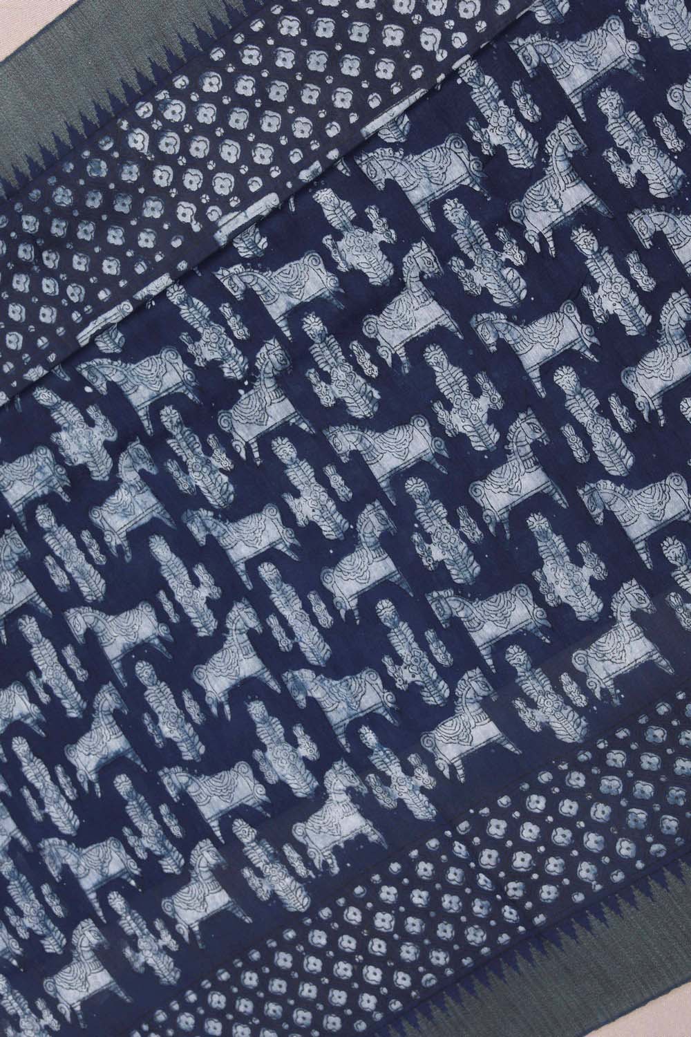 Image of Indigo Blue Horse Motif Bagru block Printed Chanderi Saree.