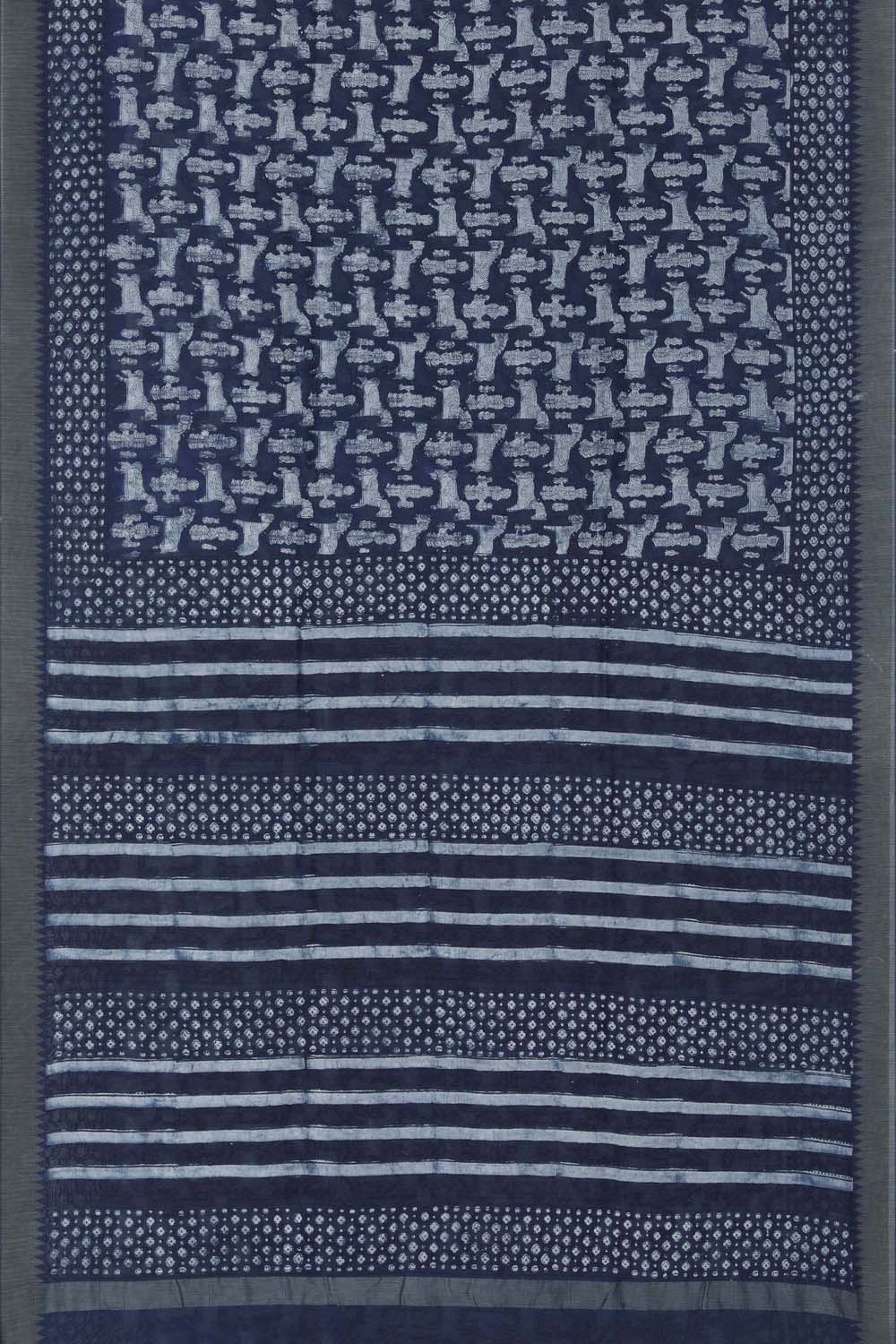 Image of Indigo Blue Horse Motif Bagru block Printed Chanderi Saree.