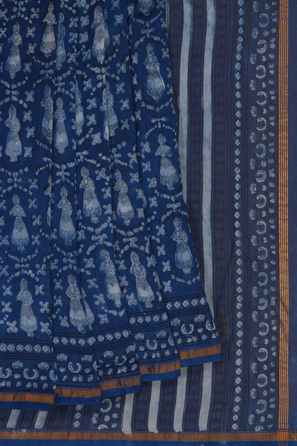 Image of Indigo Dancing Kondapalli doll Bagru Chanderi Saree
