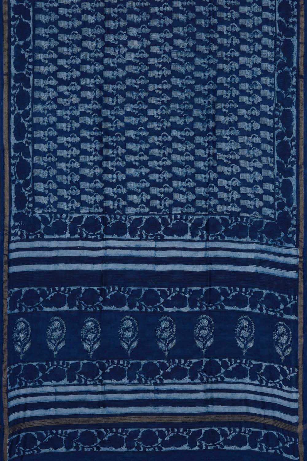 Image of Indigo Blue Doll Bagru block Printed Chanderi Saree