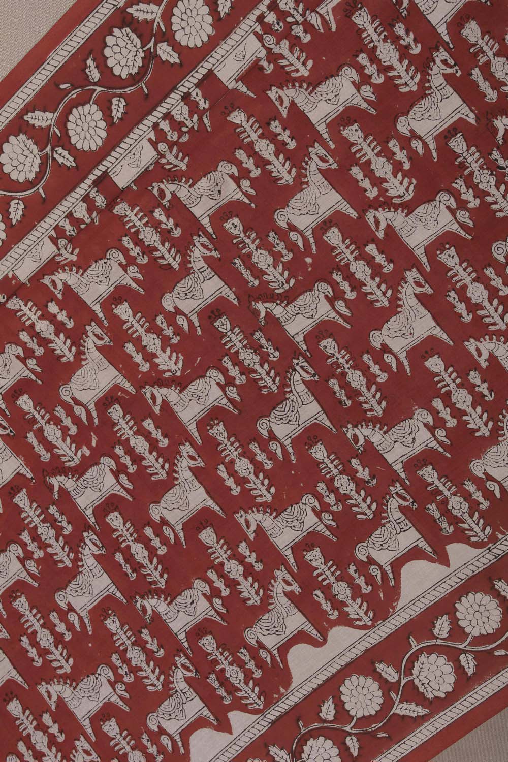 Image of Red and Beige Horse Bagru block Printed Cotton Saree