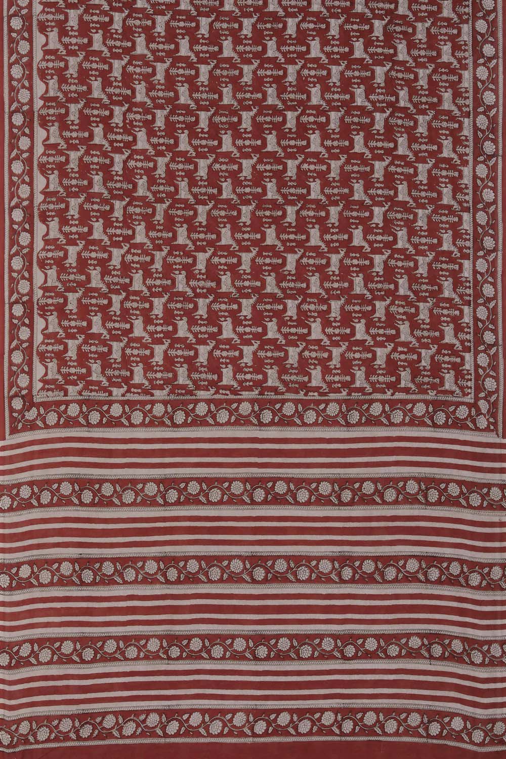Image of Red and Beige Horse Bagru block Printed Cotton Saree