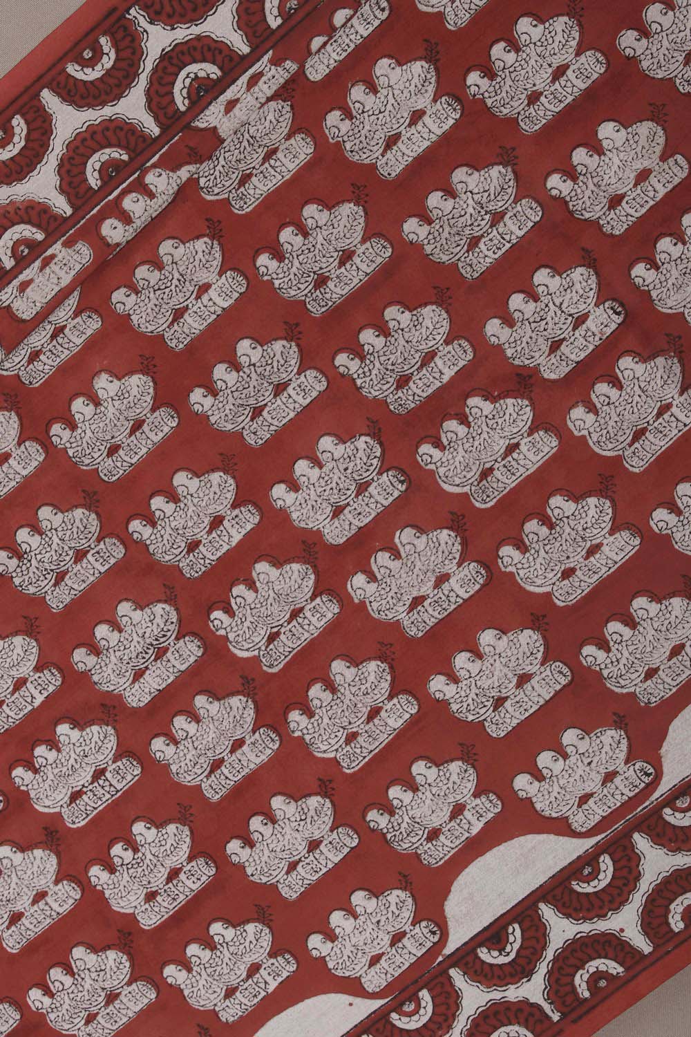 Image of Red Three Bird Bagru Handblock Printed Cotton Saree