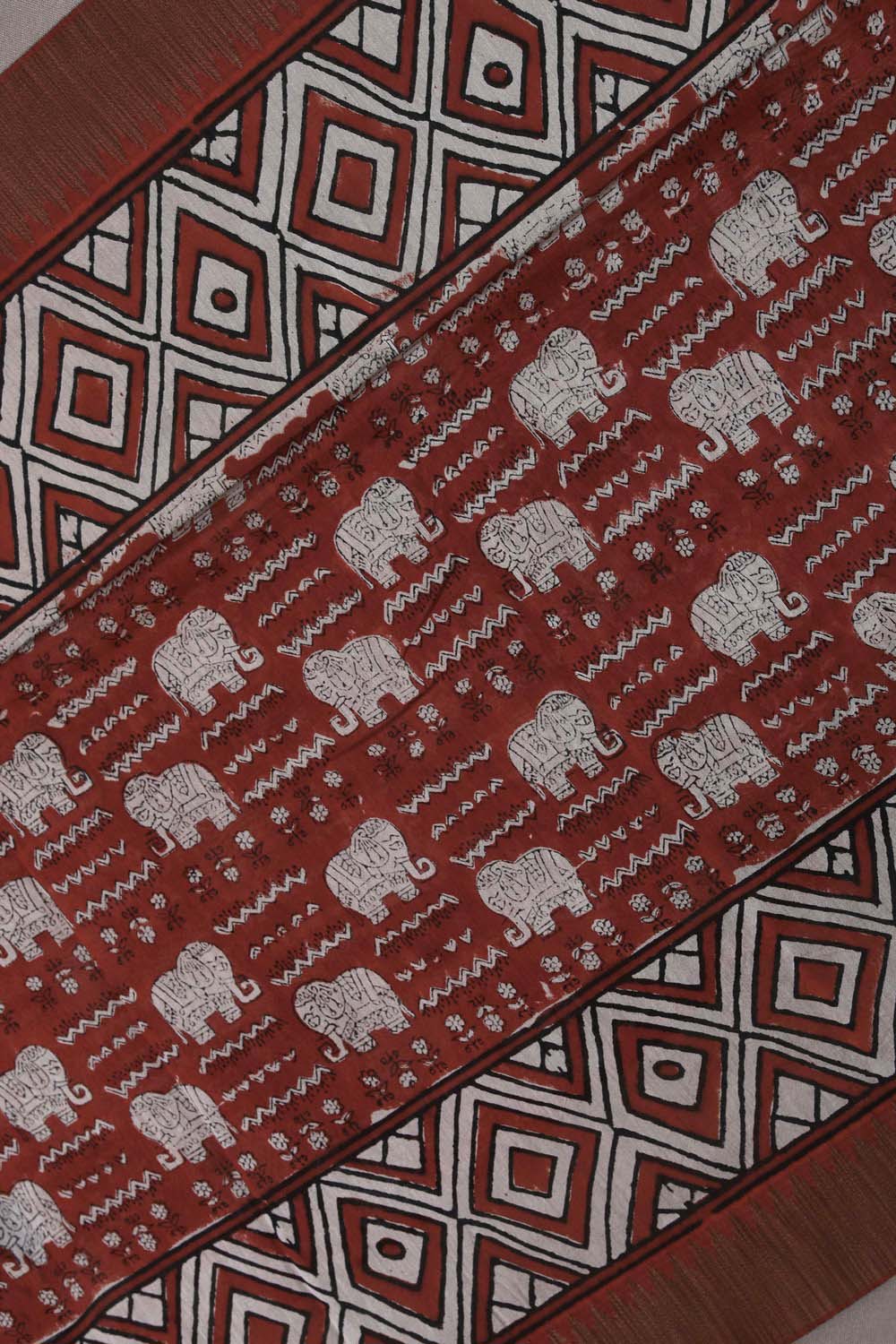 Image of Maroon Elephant Bagru block Printed Chanderi Saree
