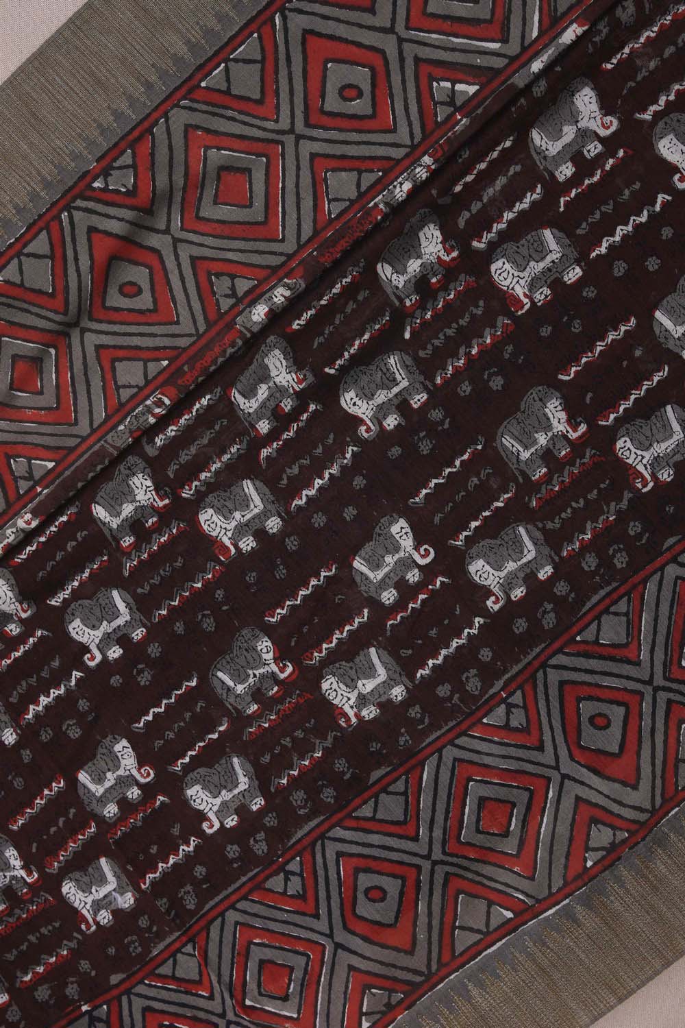 Image of Dark Maroon Elephant Bagru block Printed Chanderi Saree