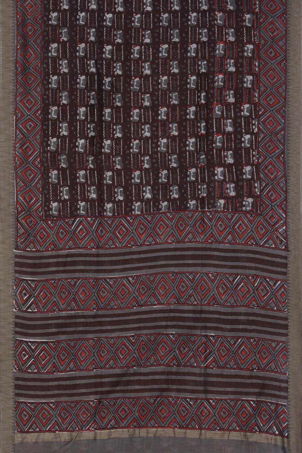 Image of Dark Maroon Elephant Bagru block Printed Chanderi Saree