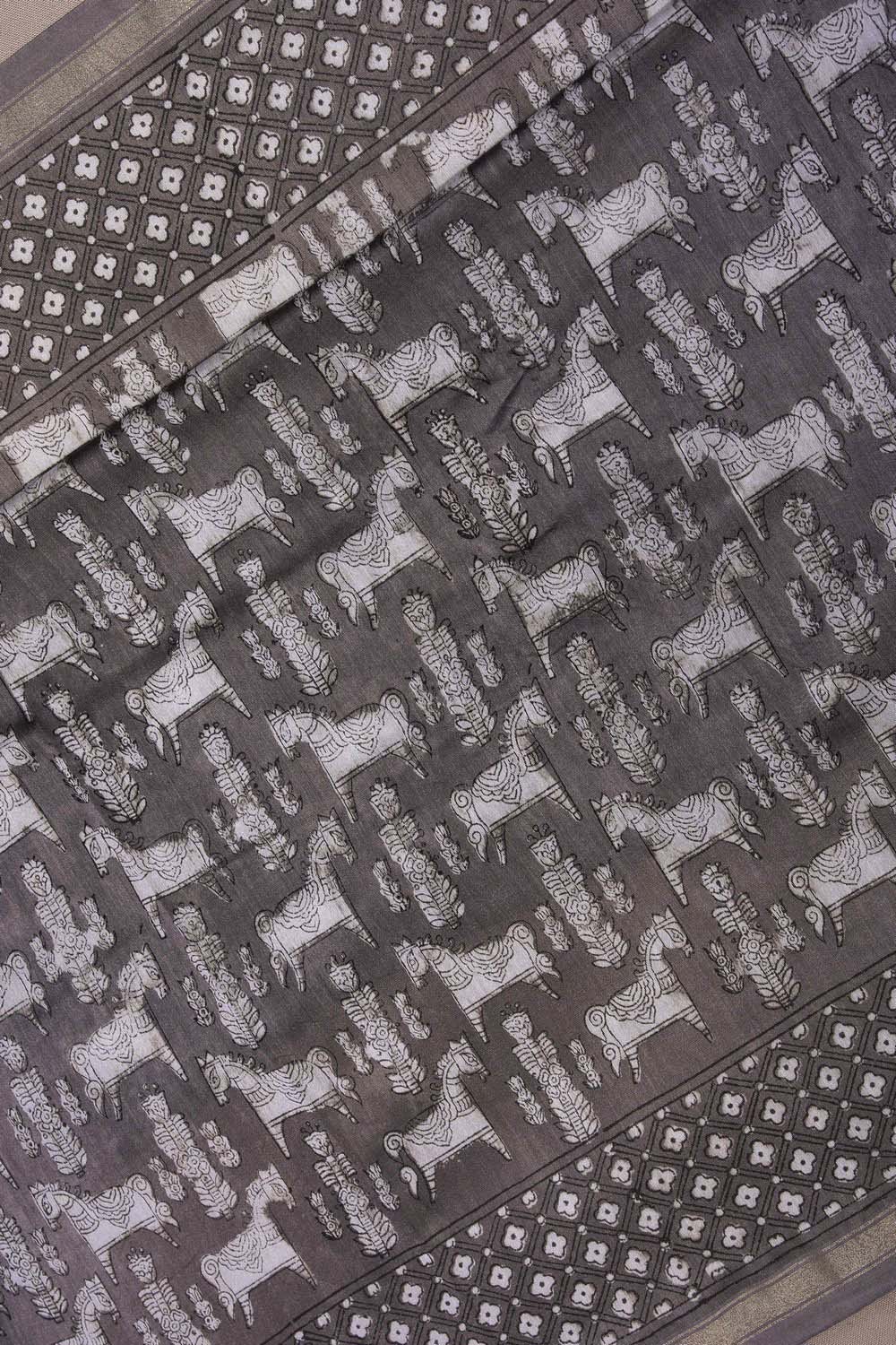 Image of Grey Horse Bagru Handblock Printed Chanderi Saree
