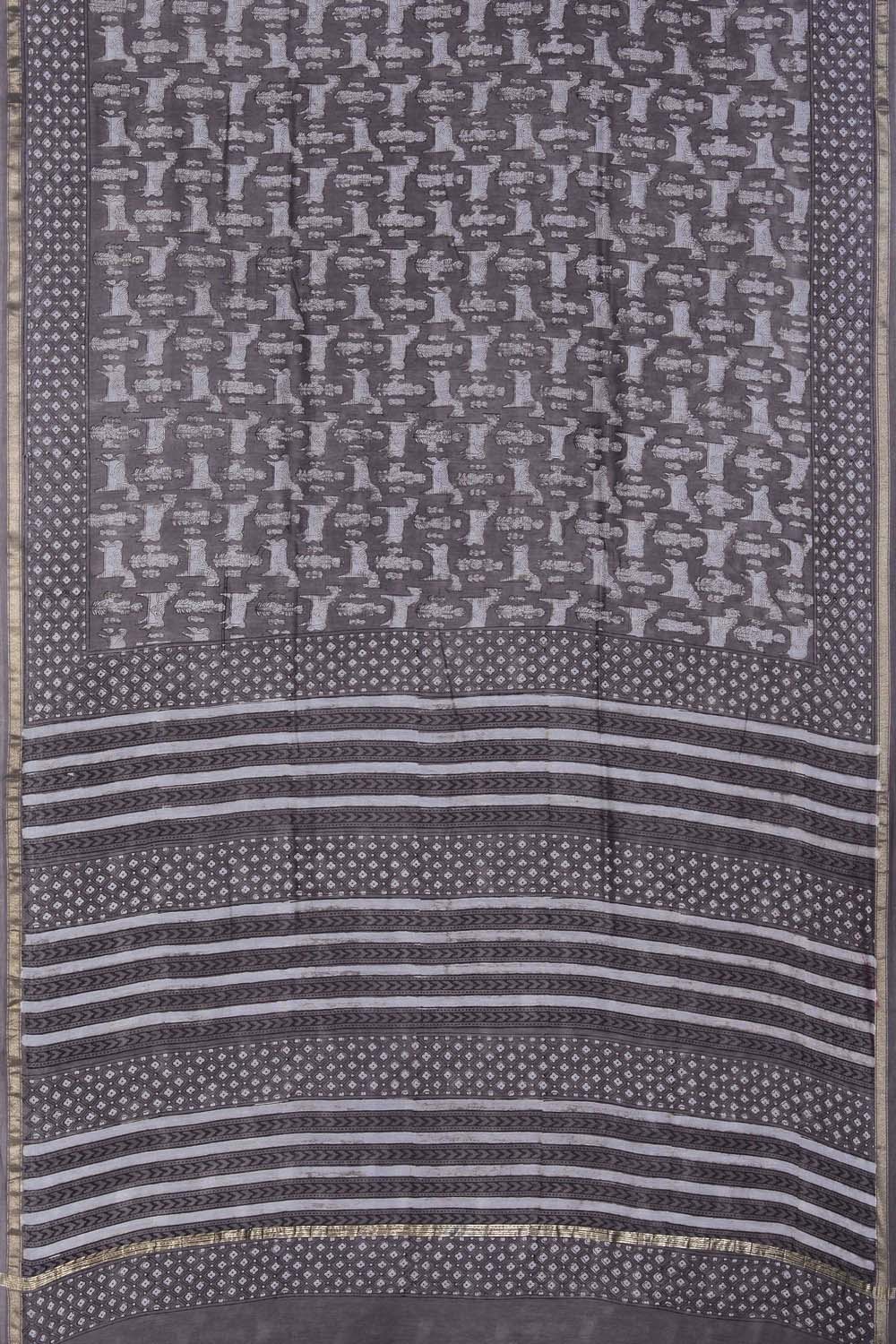 Image of Grey Horse Bagru Handblock Printed Chanderi Saree