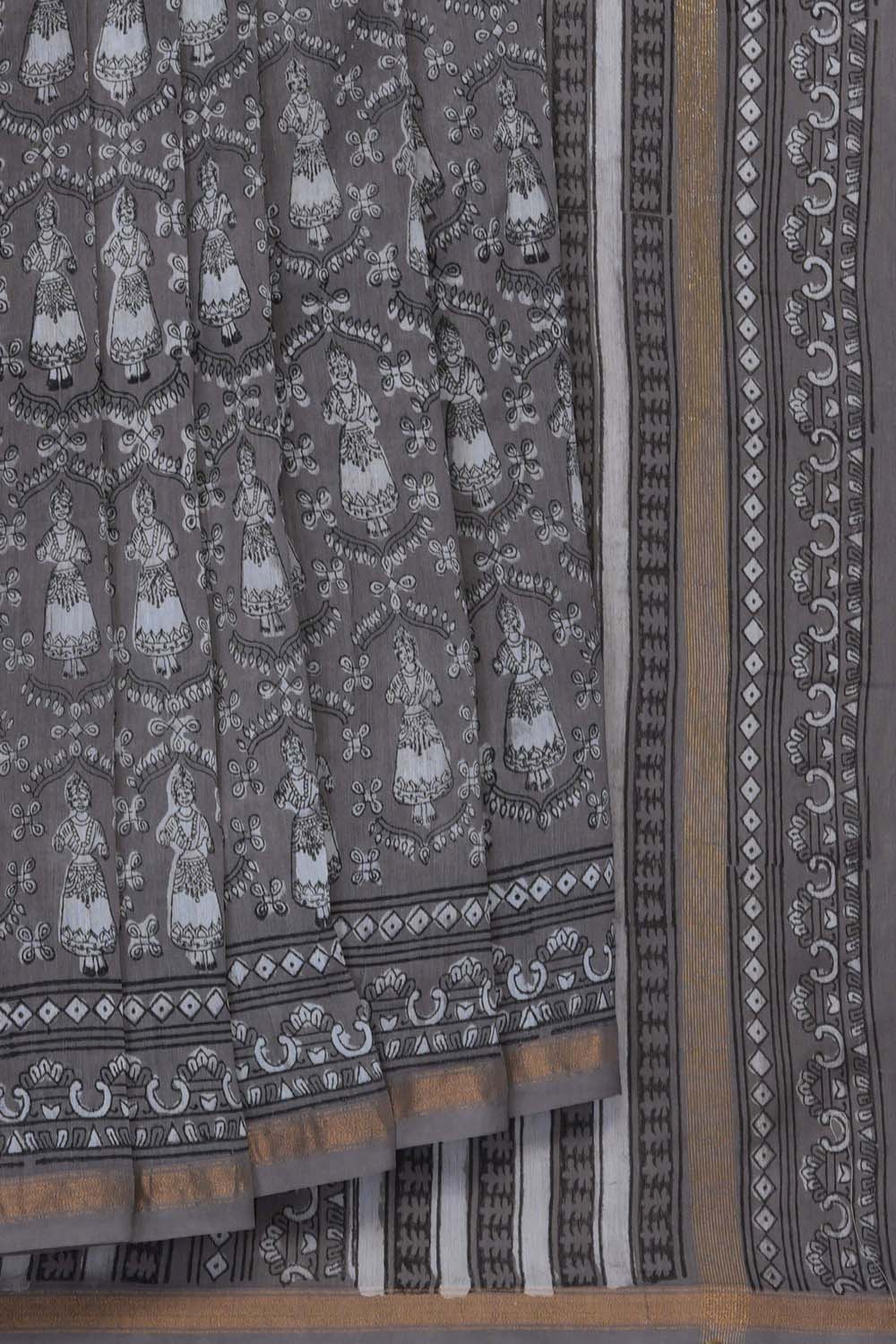 Image of Grey Dancing Doll Kondapalli  Bagru Chanderi Printed Saree
