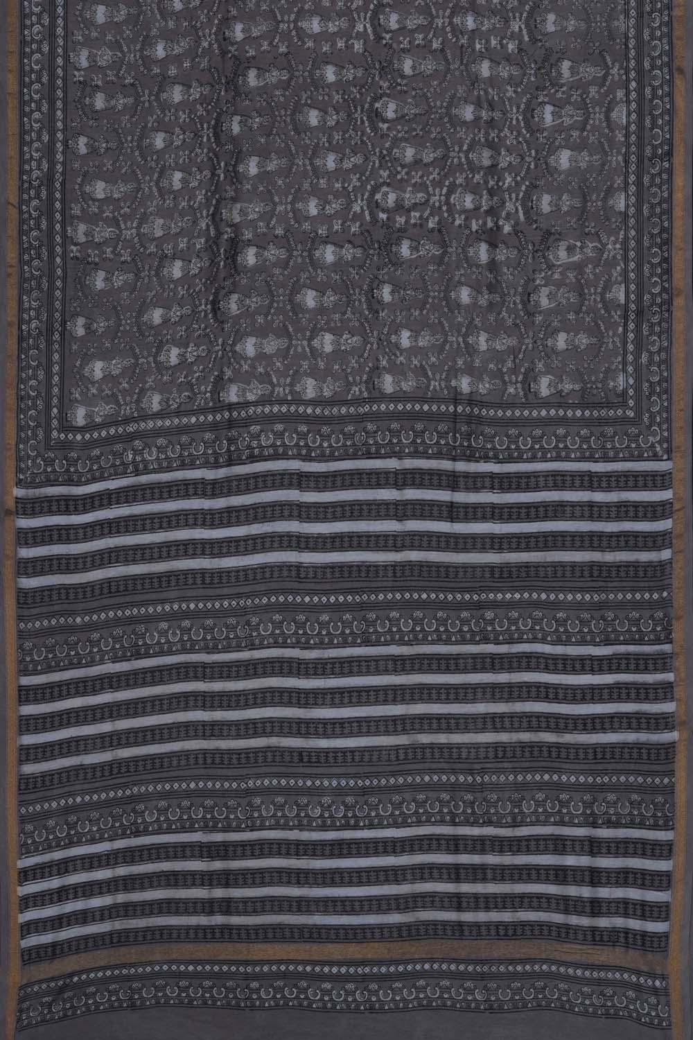 Image of Grey Dancing Doll Kondapalli  Bagru Chanderi Printed Saree