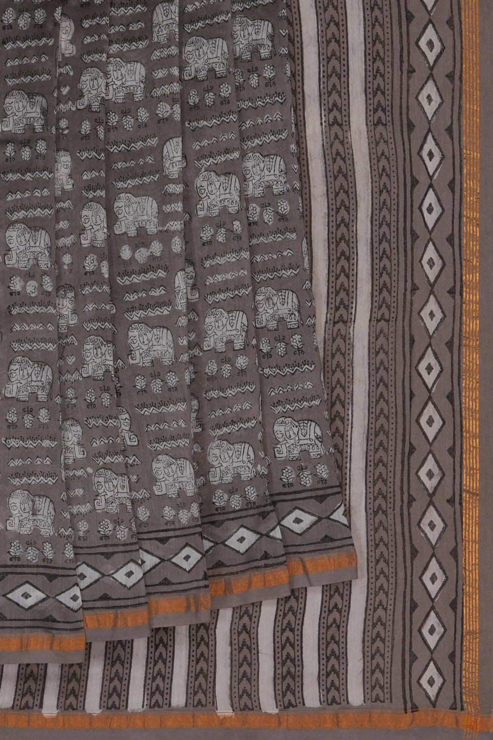 Image of Grey Elephant Bagru block Printed Chanderi Saree