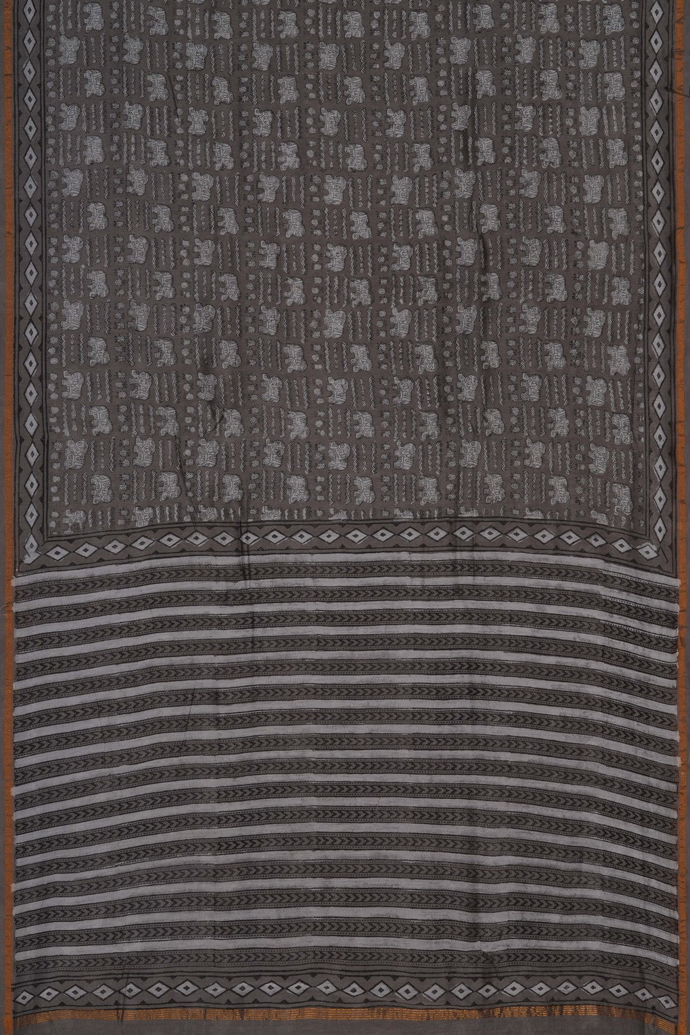 Image of Grey Elephant Bagru block Printed Chanderi Saree
