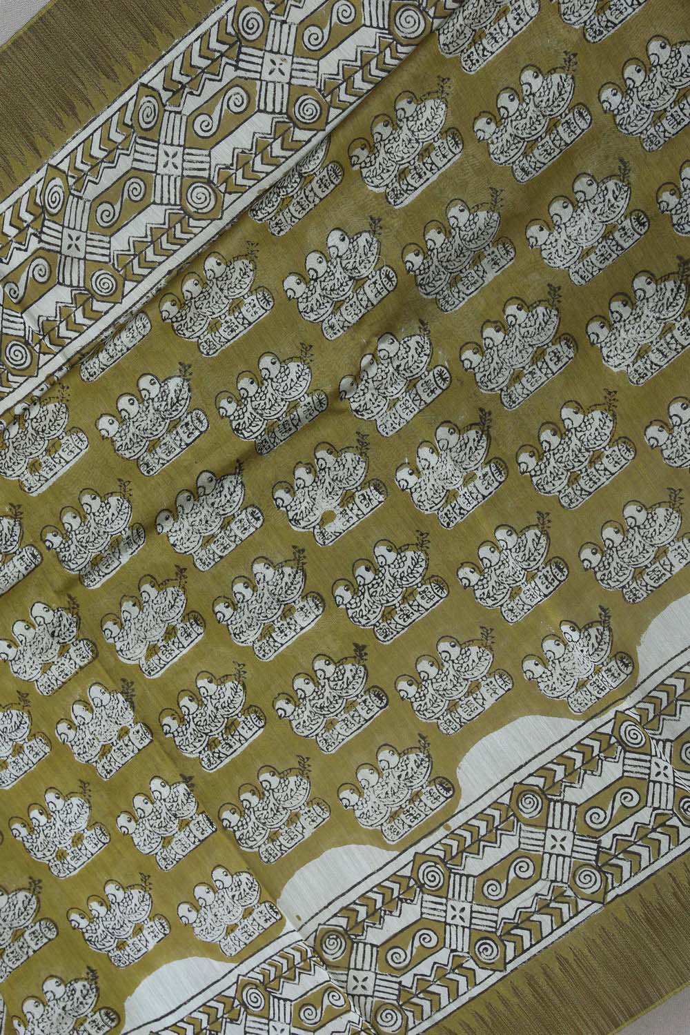 Image of Mustard Yellow Three Birds Bagru block Printed Chanderi Saree