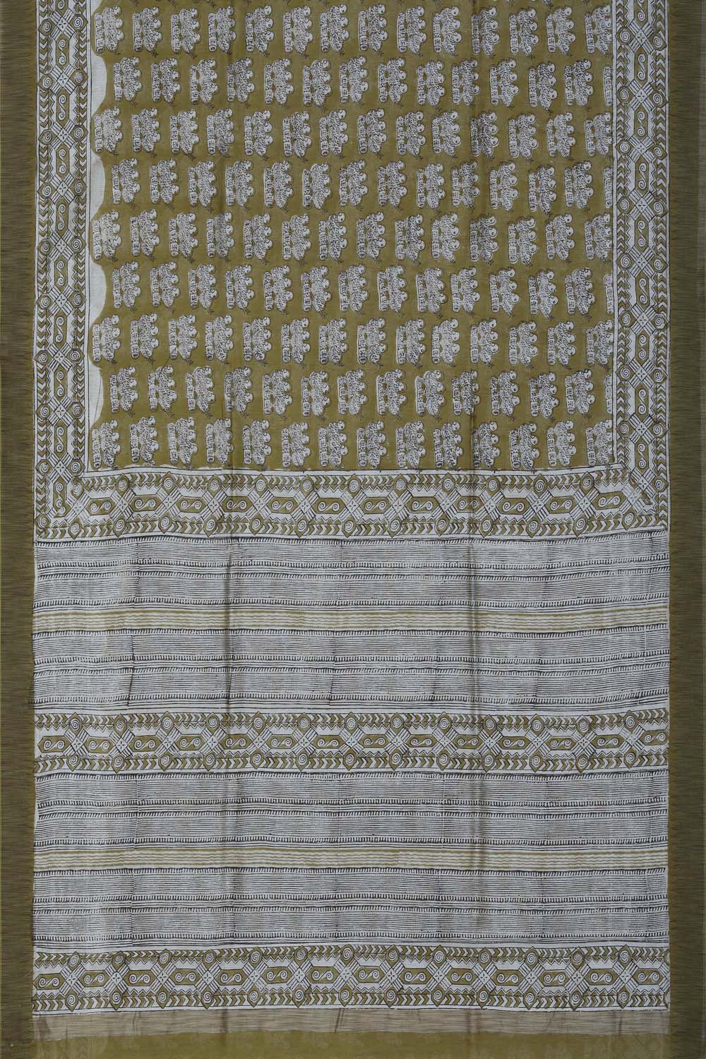 Image of Mustard Yellow Three Birds Bagru block Printed Chanderi Saree