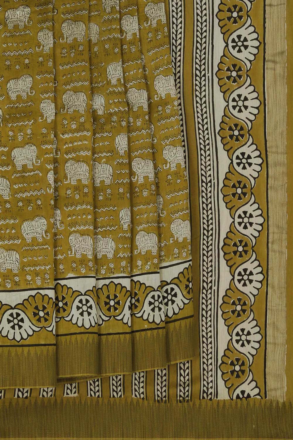 Mustard Yellow Elephant Bagru block Printed Chanderi Saree – Kalanjali