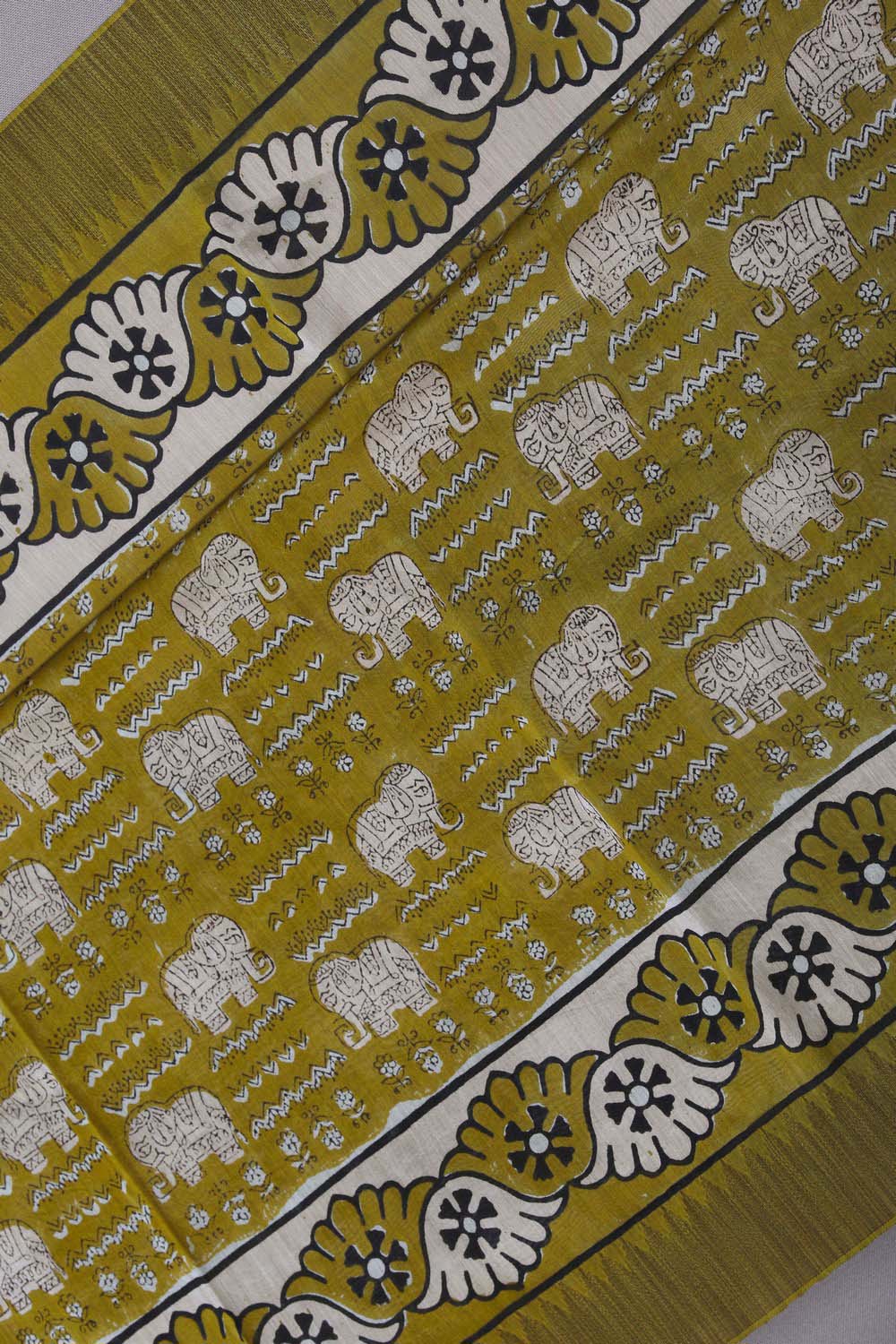 Image of Mustard Yellow Elephant Bagru block Printed Chanderi Saree