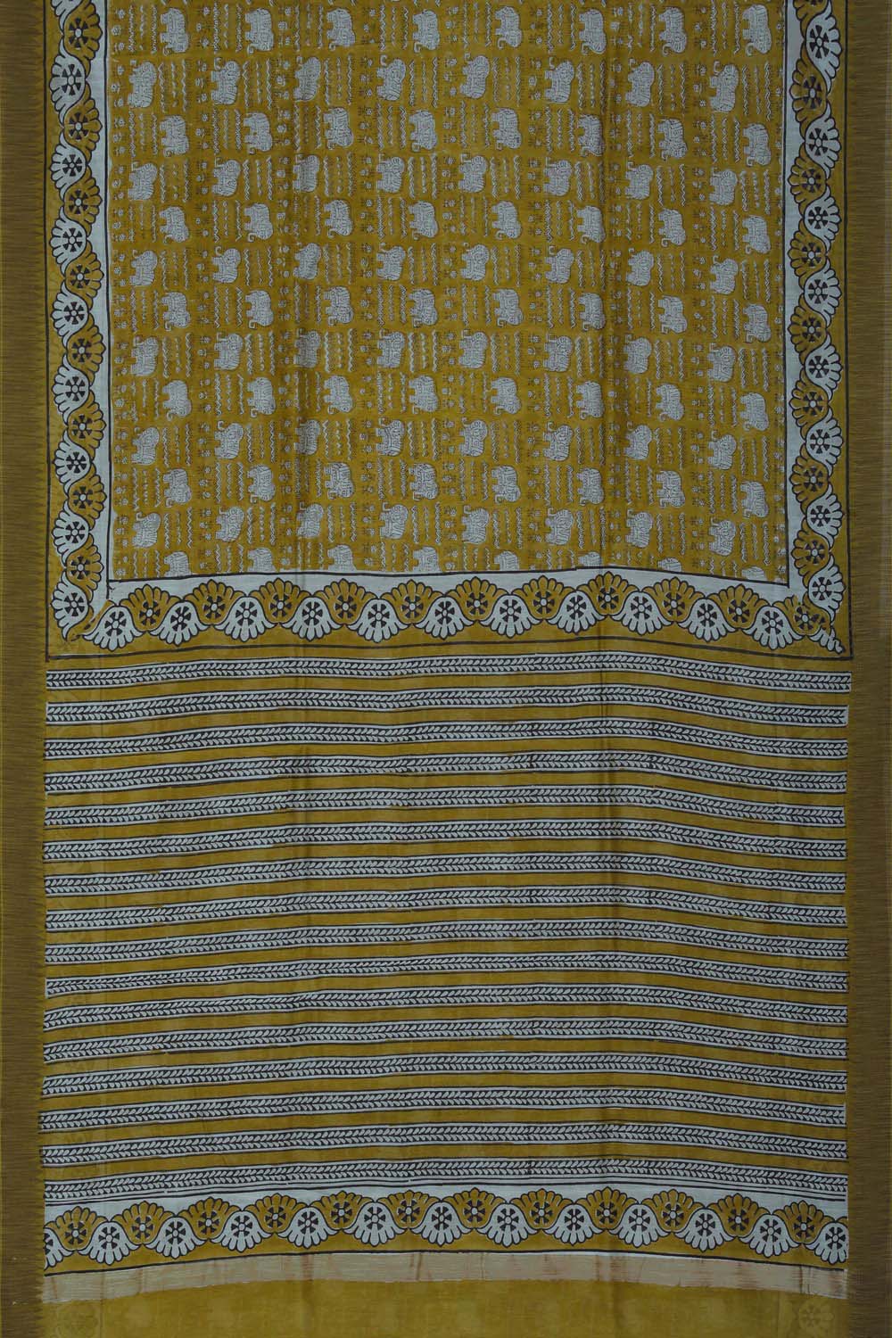 Image of Mustard Yellow Elephant Bagru block Printed Chanderi Saree