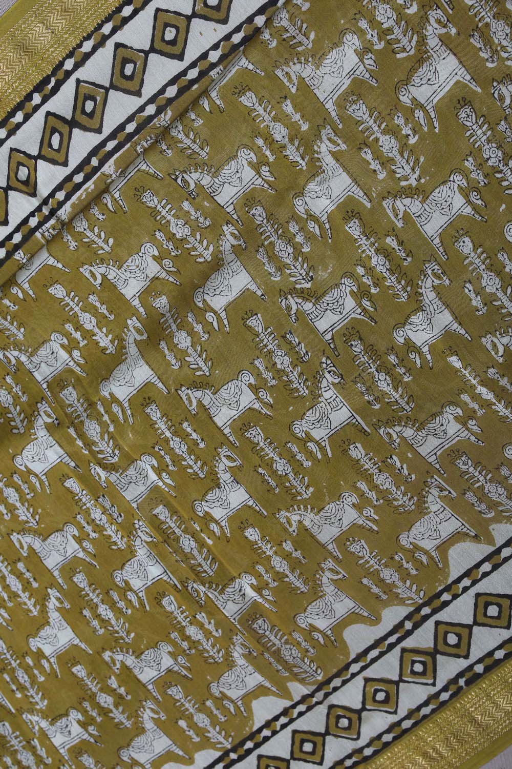 Image of Mustard Yellow Horse Bagru Chanderi Saree