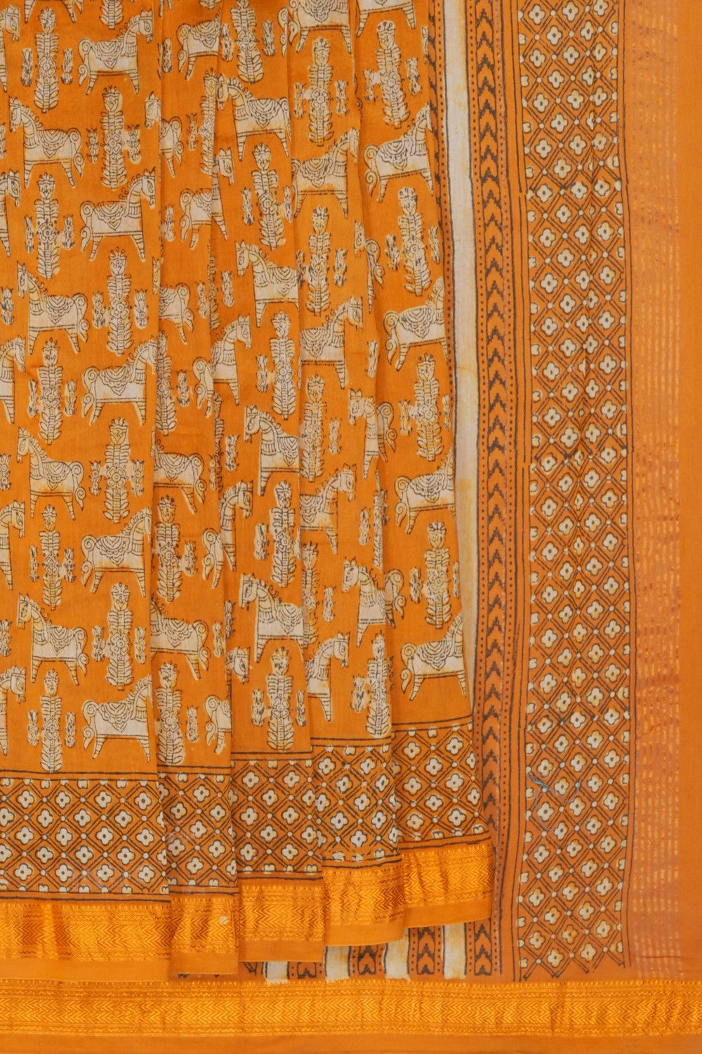 Image of Golden Ochre Horse Motif Bagru Maheshwari Saree.