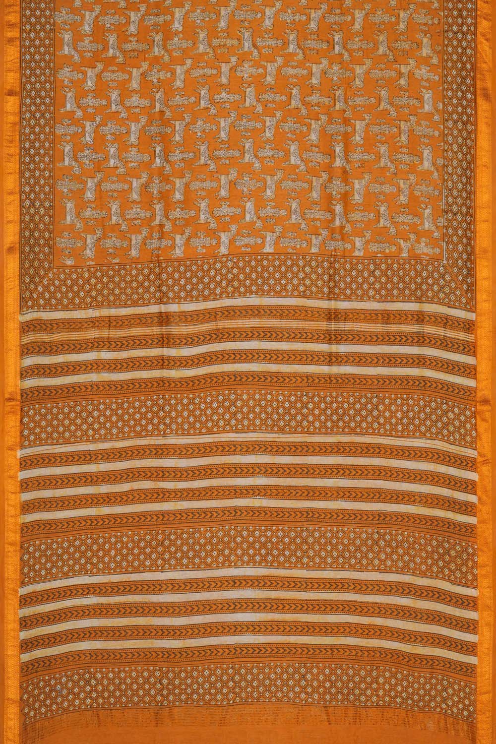 Image of Golden Ochre Horse Motif Bagru Maheshwari Saree.