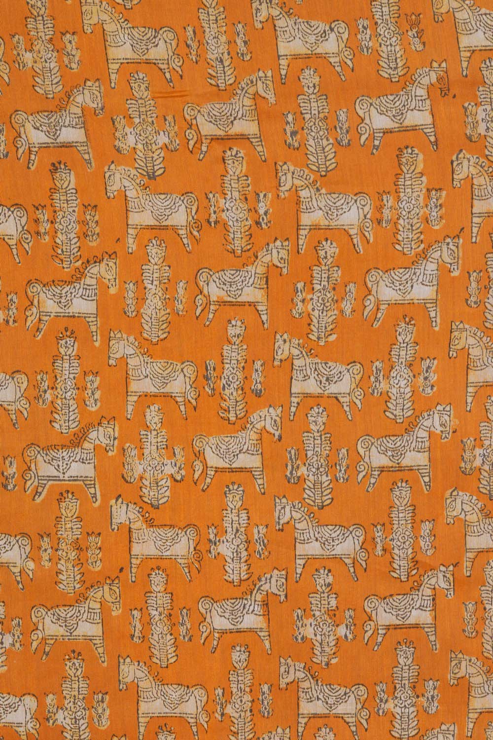 Image of Golden Ochre Horse Motif Bagru Maheshwari Saree.